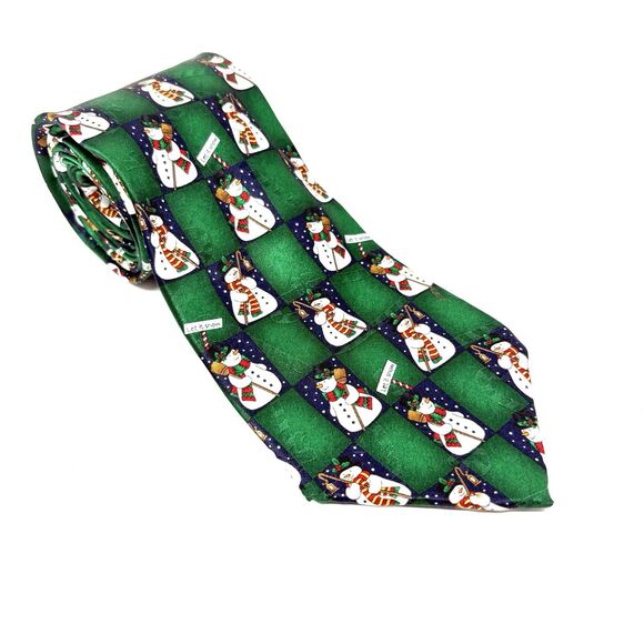 Yule Tie Greetings Hallmark Green Snowmen Holiday Necktie Christmas Vintage 62" - Picture 1 of 6